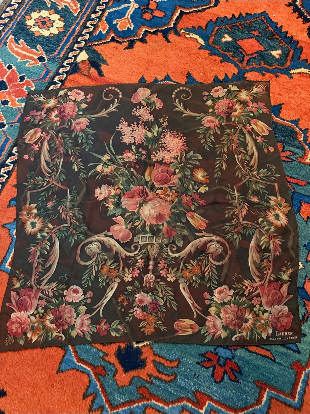 Vintage Lauren by Ralph Lauren 100% Silk Scarf Plum & Burgundy Floral 21" square